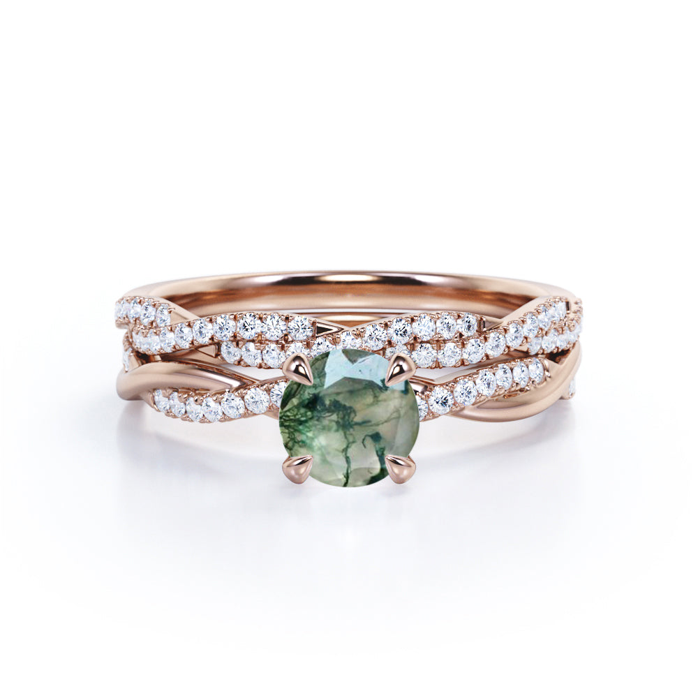 Twisted Shank 1.25 carat Round Moss Agate and Moissanite Bridal Ring Set in White Gold