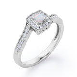 Flush-Prong Halo 1.25 Carat Round Cut Opal and diamond Milgrain-Edged Pave Channel Engagement Ring in White Gold