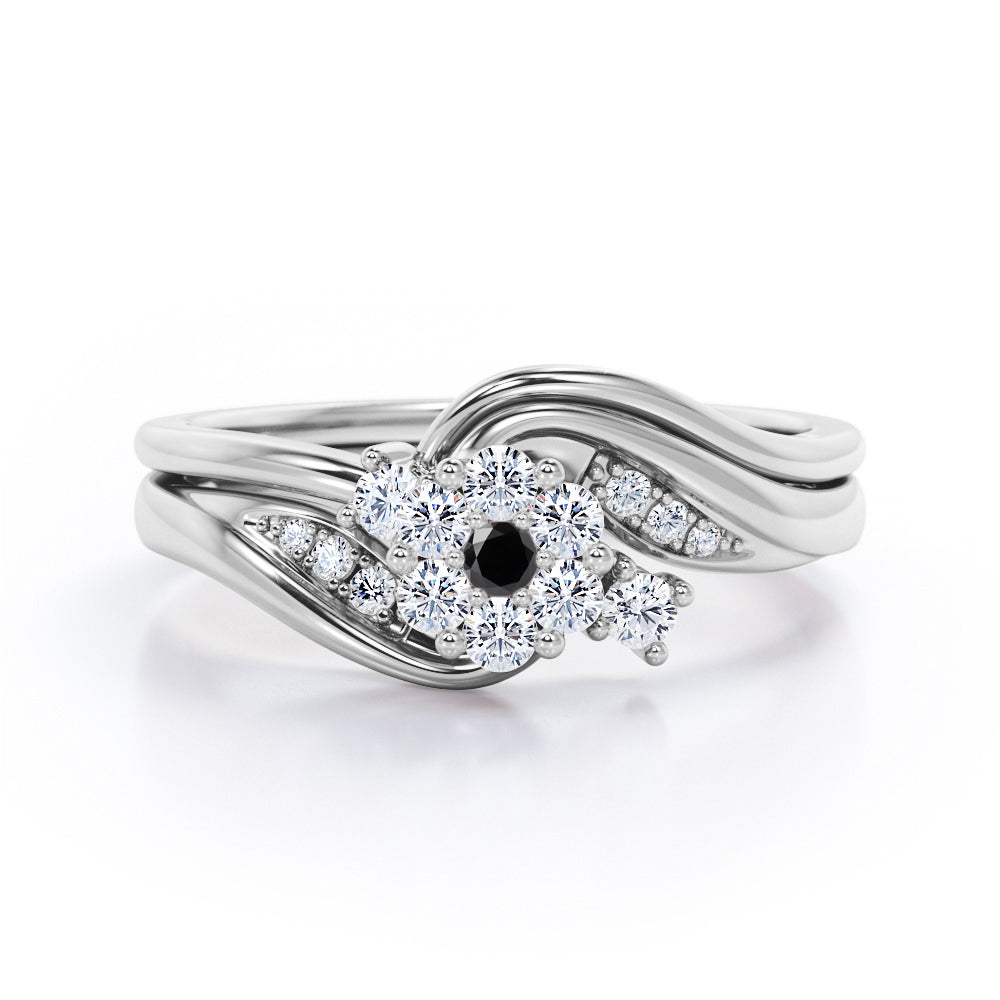 Mini Pave-Channel Tension 0.6 TCW Round Brilliant Cut Black Diamond Floral Cluster Bridal Ring Set in Rose Gold