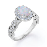 Milgrain Leaf 0.9 carat Oval Opal and Diamonds Nature-Inspired Engagement Ring in White Gold