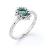 Unique 0.6 carat Oval Moss Agate and Moissanite Floating Halo Engagement Ring in White Gold