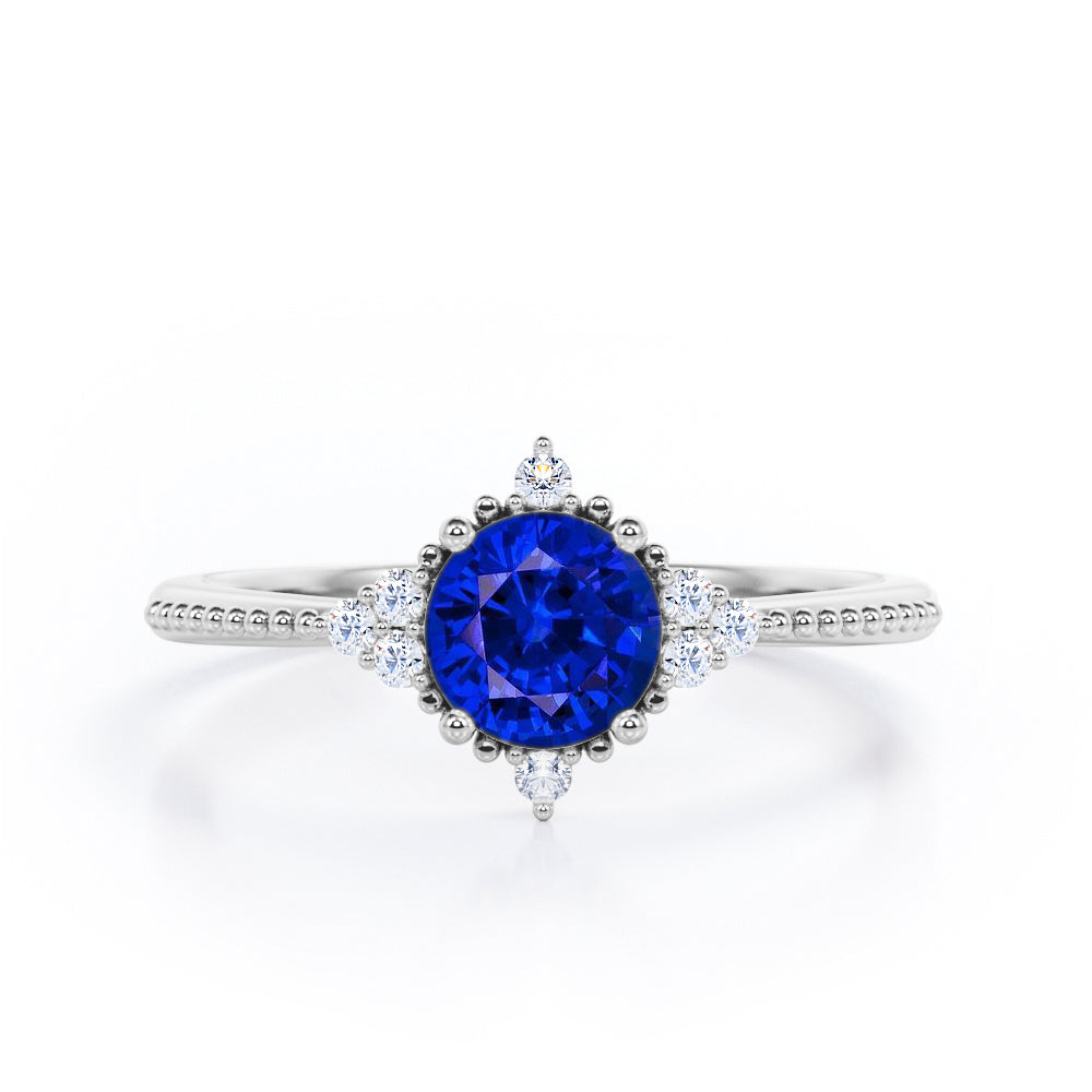 Antique Milgrain Line 0.5 carat Round Blue Lab-Created Sapphire and Diamond Engagement Ring in Rose Gold