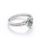 Heart Split Shank 0.6 carat Round Moss Green Agate and Moissanite Wedding Set in White Gold
