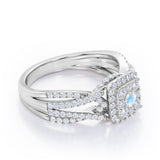 Double Infinity Split Shank - 1.4 Carat Round Shaped Moonstone and diamond - Flush Cluster Halo Engagement Ring in White Gold