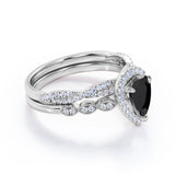 1.25 ct Pear Lab Black Diamond Art Deco Wedding Ring Set