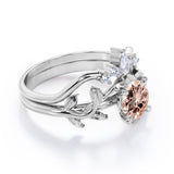 Nature Leaf 0.55 carat Round Morganite and Moissanite Crown Bridal Ring Set in Rose Gold