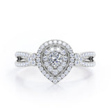 Pear-Shaped Double Halo - 1.7 Carat Round Cut Moissanite and diamond - Pave Split Shank Engagement Ring in Rose Gold