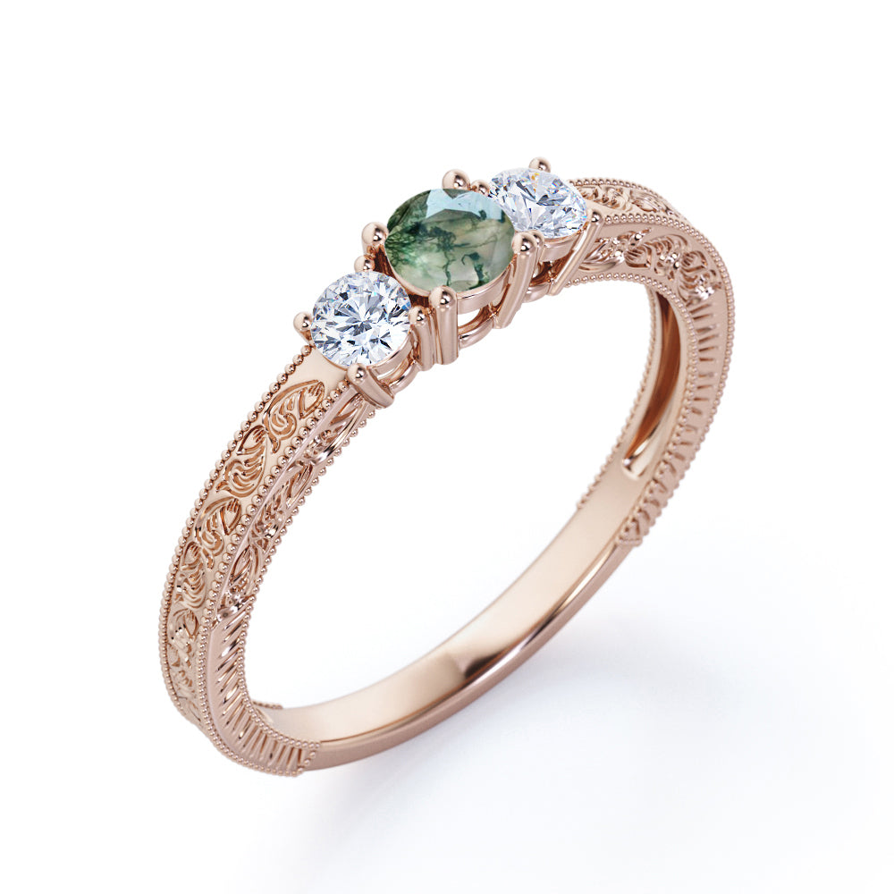 Engraved Trilogy 0.8 carat Round Moss Agate and Moissanite Engagement Ring in White Gold