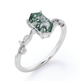 Vintage Wavy Milgrain 0.5 carat Hexagon Moss Green Agate and Diamonds Engagement Ring in Rose Gold