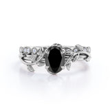 1.25 ct Oval Lab Black Diamond Vintage Leaf Bridal Set