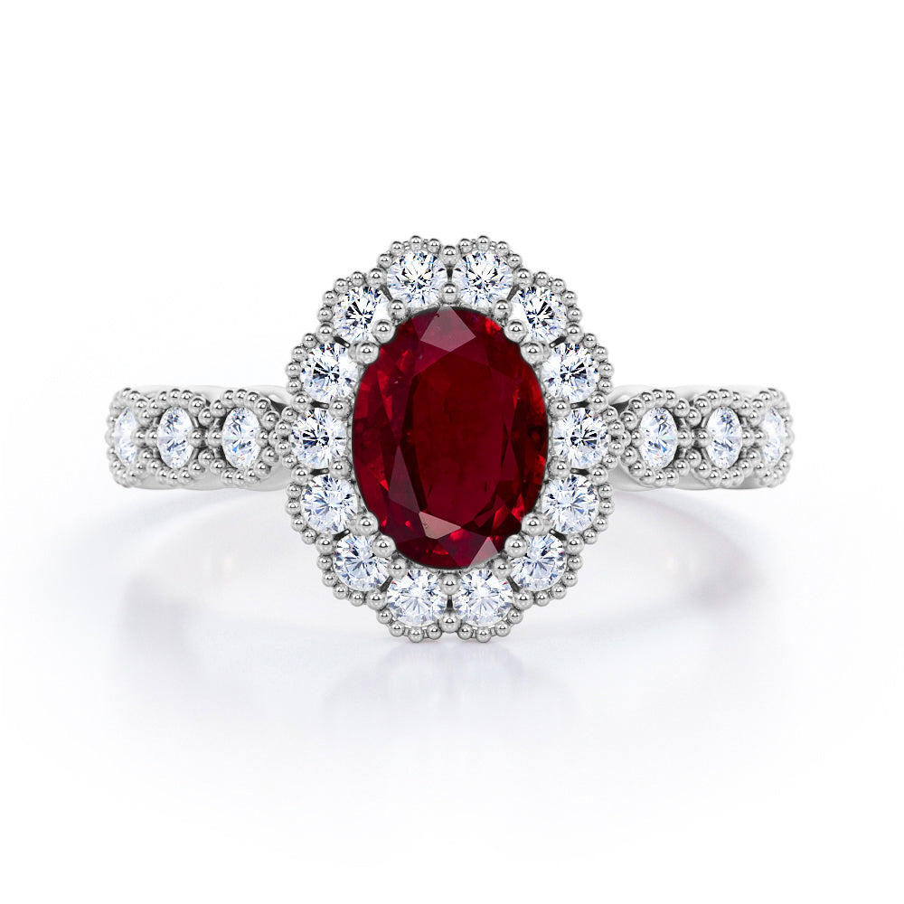 Vintage Floral Halo 0.7 carat Oval and Round Ruby and diamond Engagement Ring in Rose Gold