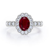 Vintage Floral Halo 0.7 carat Oval and Round Ruby and diamond Engagement Ring in Rose Gold