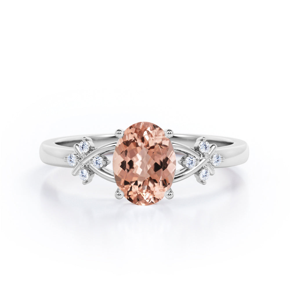 Luxurious Clover Lucky Leaf 0.5 carat Oval Morganite and Diamond Engagement Ring in Rose Gold