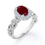 Milgrain Leaf 0.9 carat Oval Lab Ruby and Diamonds Nature-Inspired Engagement Ring in White Gold