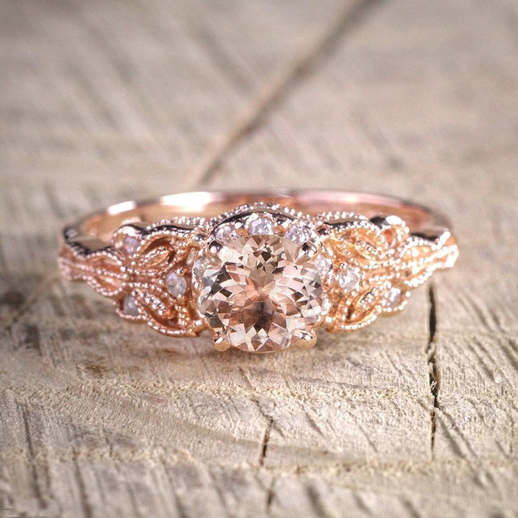 Limited Time Sale 1.25 Carat Peach Pink Morganite (Round Shaped Morganite) and Diamond Engagement Ring