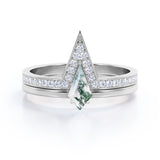 Modern 0.75 carat Kite Shaped Moss Agate and Moissanite Bridal Ring Set in White Gold