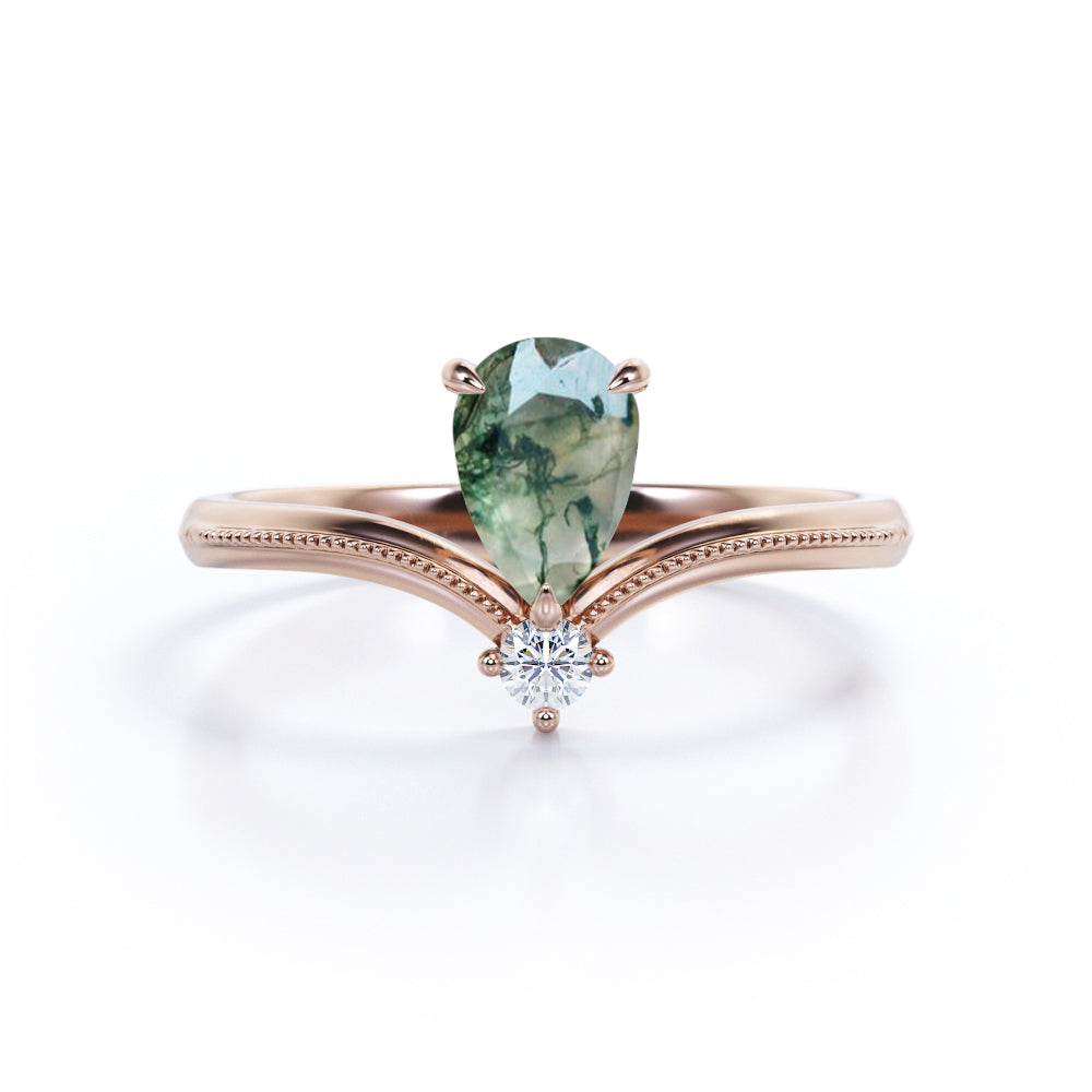 Chevron 0.6 Carat Pear Green Moss Agate Engagement Ring