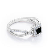 1.25 Carat Princess Cut Black Diamond - Half Crossover Pave - Halo Engagement Ring in White Gold