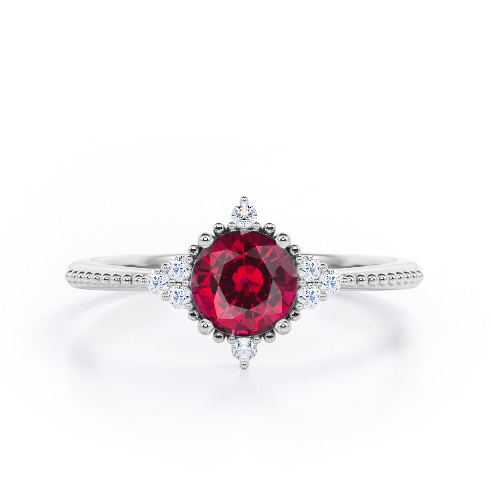 Antique Milgrain Line 0.5 carat Round Lab-Created Ruby and Diamond Engagement Ring in Rose Gold