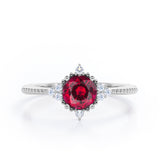 Antique Milgrain Line 0.5 carat Round Lab-Created Ruby and Diamond Engagement Ring in Rose Gold