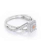 Pave Crossover - 1.25 Carat Round Cut Morganite and diamond - Flush Cluster Halo Engagement Ring in White Gold