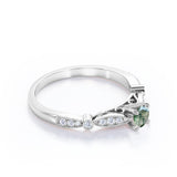 Stylish Cathedral 0.6 carat Round Green Moss Agate and Moissanite Engagement Ring in White Gold