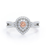 Pear-Shaped Double Halo - 1.7 Carat Round Cut Morganite and diamond - Pave Split Shank Engagement Ring in White Gold