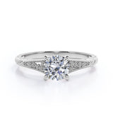 Stylish Engraved Dainty Flowers 1 carat Round Moissanite Engagement Ring in White Gold