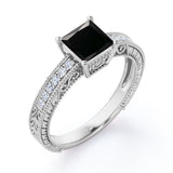 1.25 carat princess cut Black Diamond vintage milgrain engagement ring in white gold