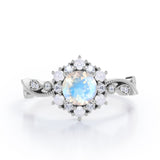 Floral Halo 0.7 carat Round Moonstone and Diamond Engagement Ring in White Gold