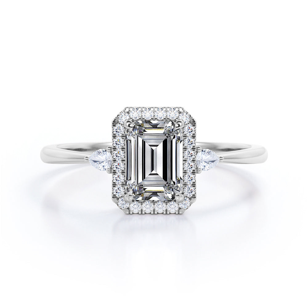 Classic 0.8 carat Emerald Moissanite and Diamond Halo Anniversary Ring in Black Gold