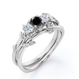 1.25 carat round cut  Black Diamond leaf style bridal set ring in white gold