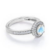 Decorative Halo 1 carat Round Moonstone and Diamond Milgrain Engagement Ring in White Gold