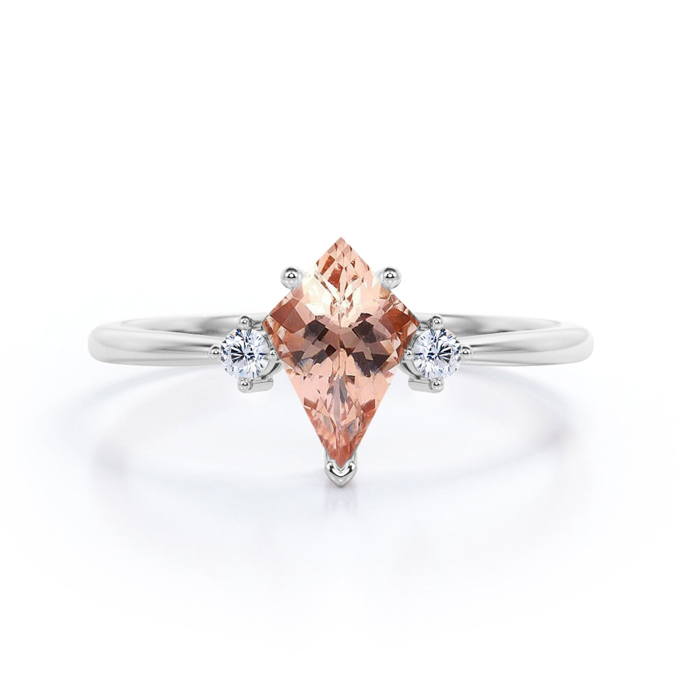 Minimalist Three Stone 0.55 carat Kite Morganite and Moissanite Engagement Ring in Rose Gold