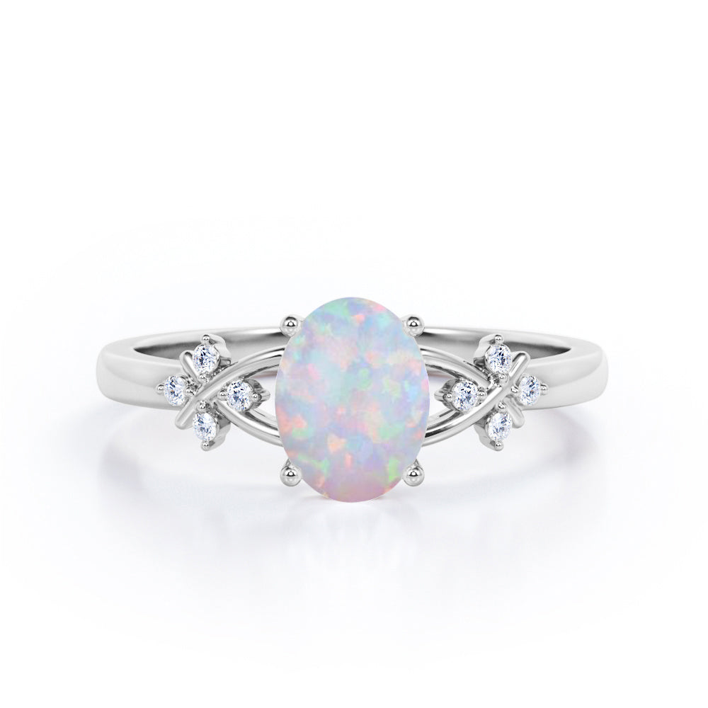 1.1 Ct Oval Cut Lab Created Opal Leaf Engagement Ring