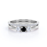 1.45 Carat Round Cut Lab Grown Black Diamond Three Stone Wedding Ring Set In White Gold