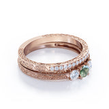 Handmade Antique 1 carat Round Moss Agate and Moissanite 3 Stones Bridal Ring Set in White Gold