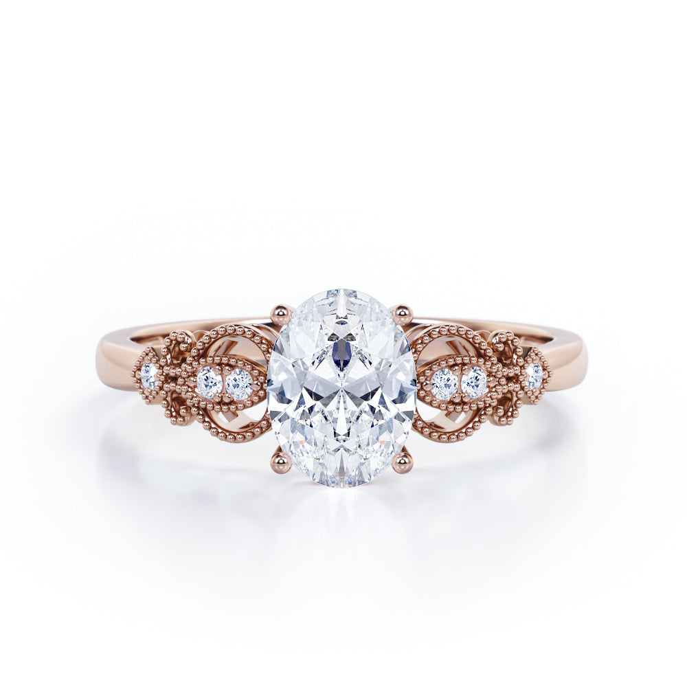 Swirly 0.5 carat Oval Moissanite and Diamonds Antique Engagement Ring in Black Gold