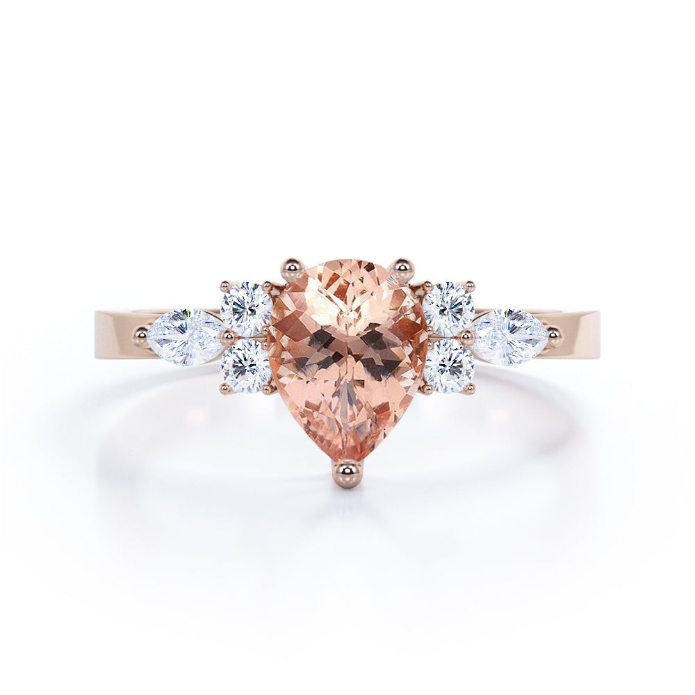 Classic 1 carat Pear Shape Cut  Morganite and Moissanite Engagement Ring in White Gold