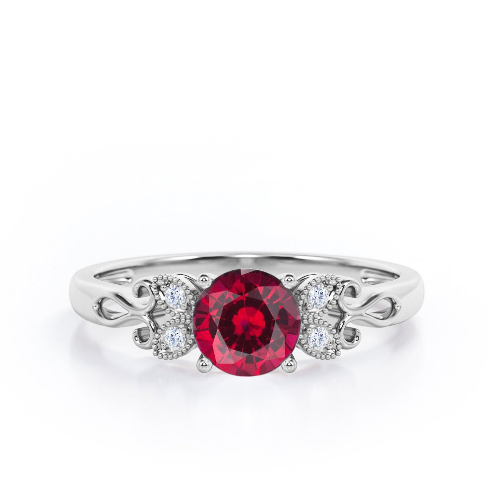 Tiny Butterfly 0.5 carat Round Lab-Created Ruby and Diamond Vintage Engagement Ring in Rose Gold