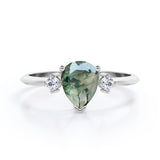 Special Gift - Trilogy 0.6 carat Pear Green Moss Agate and Moissanite Engagement Ring in White Gold