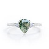 Seven Stone 0.5 carat Pear Moss Green Agate and Diamond Dainty Band Engagement Ring in White Gold