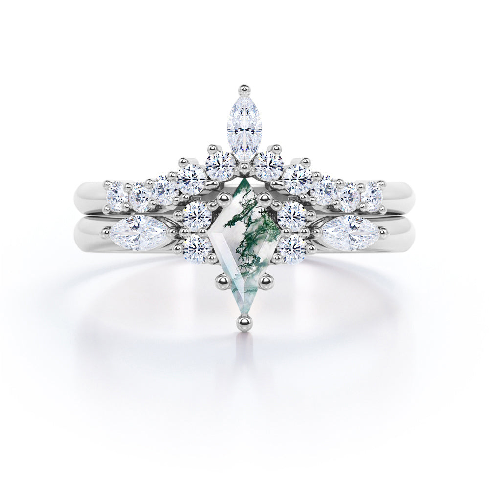 Crowned Quadrilateral 1.75 carat Moss Agate and Moissanite  Bridal Ring Set in white Gold