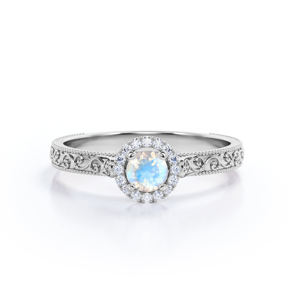 Whole Vintage Design 0.6 carat Round Moonstone and Moissanite Halo Engagement Ring in Rose Gold