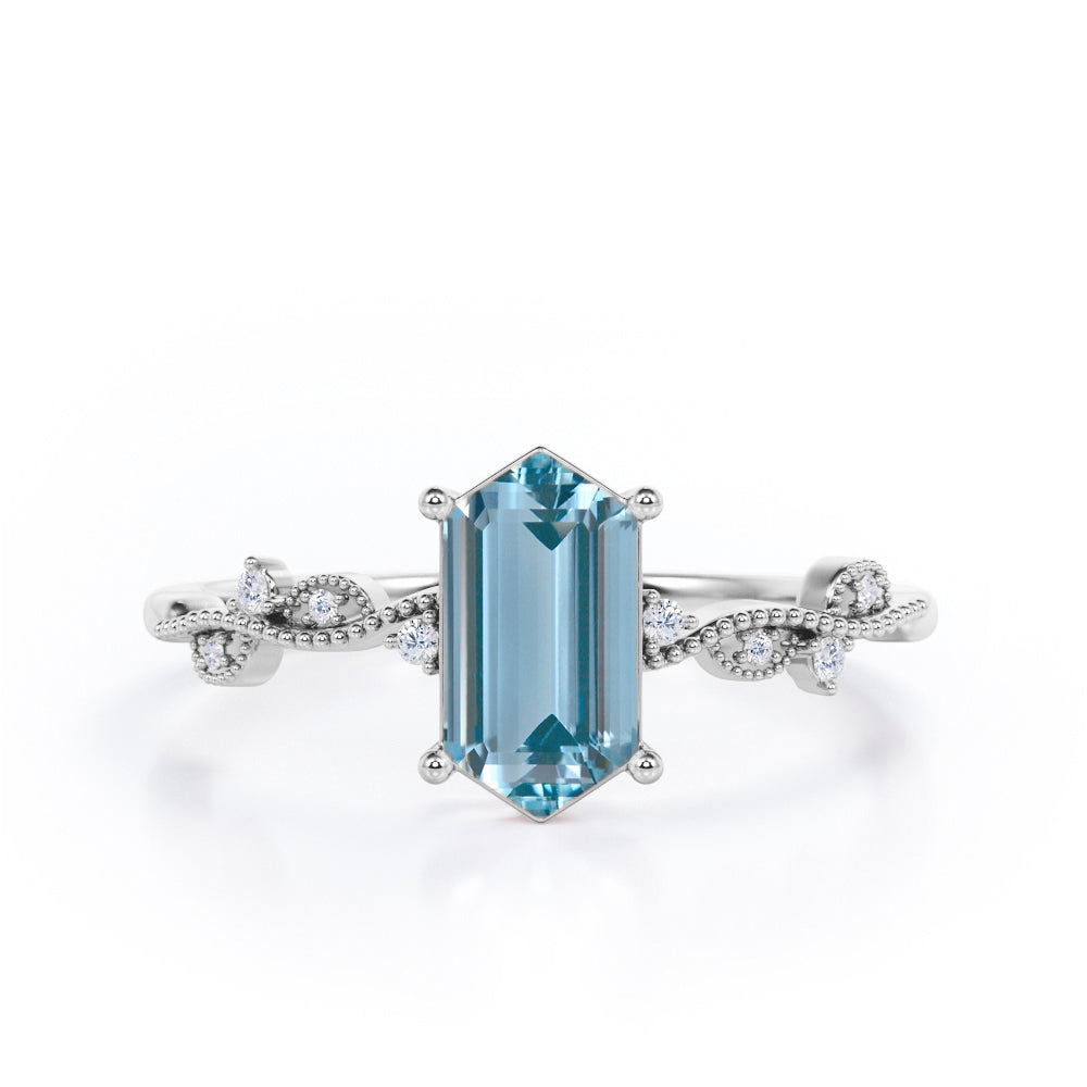 Vintage Wavy Milgrain 0.5 carat Hexagon Aquamarine and Diamonds Engagement Ring in Rose Gold