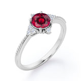 Antique Milgrain Line 0.5 carat Round Lab-Created Ruby and Diamond Engagement Ring in Rose Gold