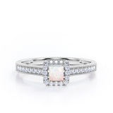 Halo Design 1.25 Carat Princess Cut Opal and diamond Milgrain-Bordered Pave-Channel Engagement Ring in White Gold