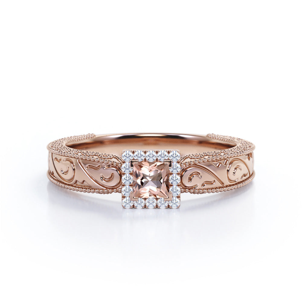 Flat Engraved Band 0.6 carat Princess Morganite and Moissanite Milgrain Engagement Ring in White Gold