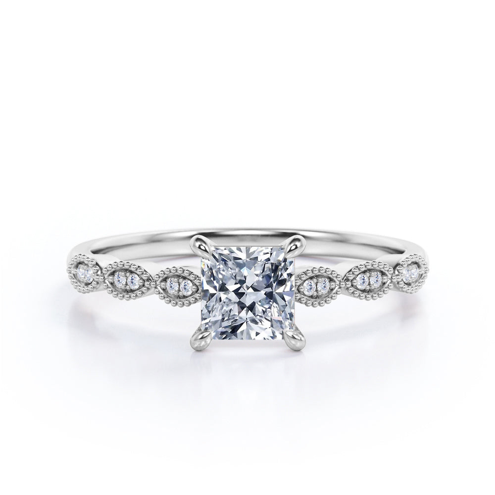 Vintage Bead Décor 0.6 carat Princess Moissanite and Diamond Promise Ring in Black Gold For Her