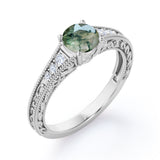 Estate-inspired 1 carat Round Moss Agate Art Decorative Anniversary Ring in White Gold - Mother's day, Birthday